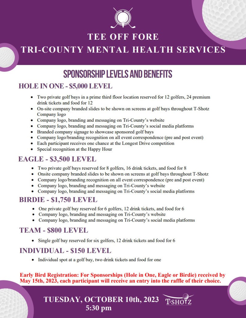 Tee Off Fore Tri-County Mental Health Sponsorships 2023